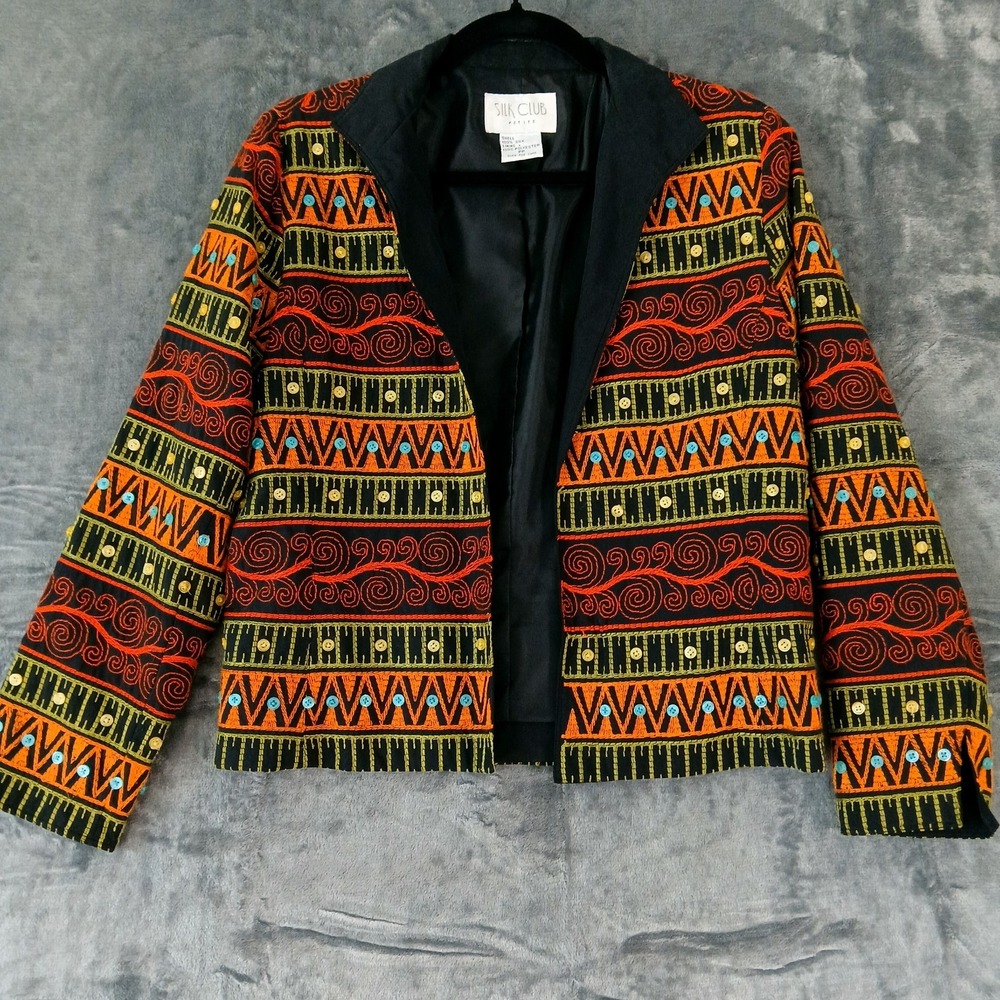 Silk Club Jacket Womens Petite Black Orange Yellow Embroidered Silk Boho Button
